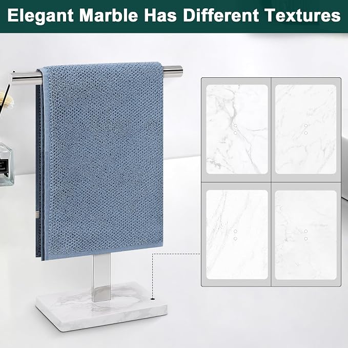 Hand Towel Holder, T-Shape Hand Towel Stand for Bathroom, Hand Towel Rack Bar Standing for Vanity Kitchen Countertop, 304 Stainless Steel, Marble Base (Chrome)