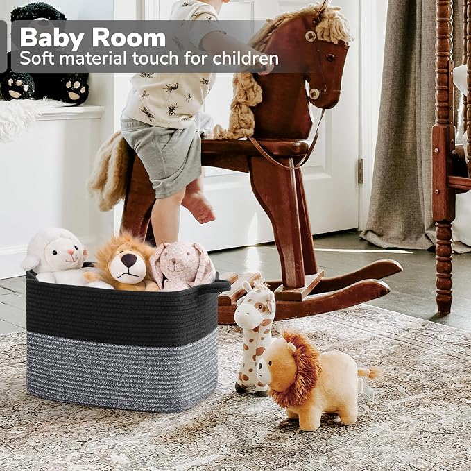 Goodpick Cotton Rope Basket with Handles, 13" x 10" x 9", Black & Gray | Decorative Storage Basket for Toys, Books & Daily Essentials Storage, Closet & Shelf Organization, Rectangle Design