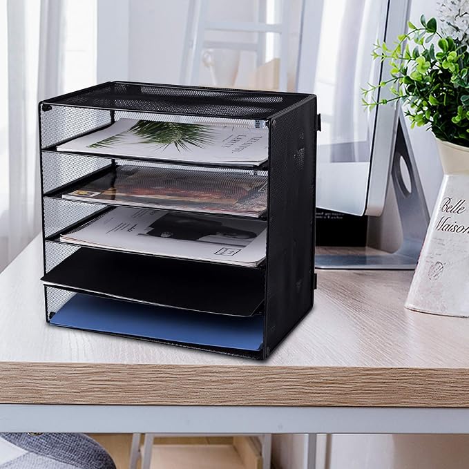 5 Slot Mesh Desk Organizer Tray, File Paper Letter Folder Holder Desktop Paper Sorter Mail Organization Rack Storage Accessories, for Office Home School Classroom, Black, 2 Pack