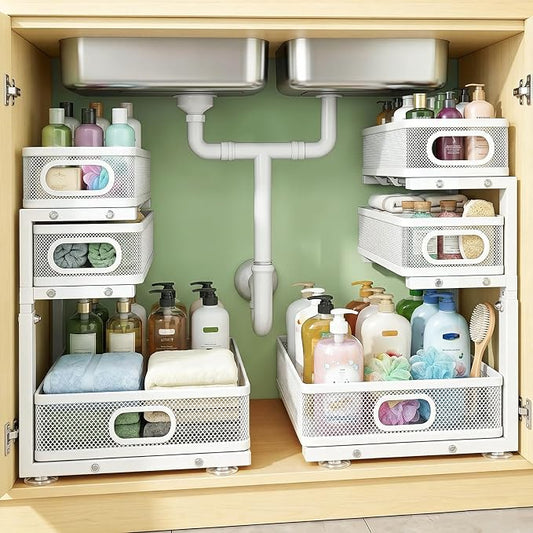 Under Sink Organizer, 2-Pack 3-tier Under Sink Storage Organizer Adjustable Height Easy Assembly Pull Out Cabinet Organizers Basket for Bathroom Kitchen Pantry Home Organization