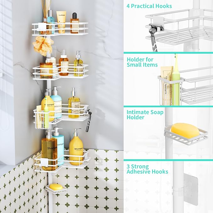 HapiRm Corner Shower Caddy Organizer - Shower Rack with Toothbrush Holder | Shower Shelves with Soap Holder and 4 Hooks,Rustproof Bathroom Storage Tension Pole Available for 27.6 to 108.3 Inch - White