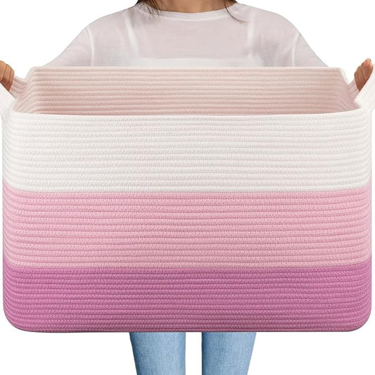 OIAHOMY Extra Large Blanket Basket, 95L Cotton Rope Woven Laundry Basket, Toy Bin for Baby Room, Container for Blanket Storage in Living Room, 24''×17''×14'', Gradient Pink
