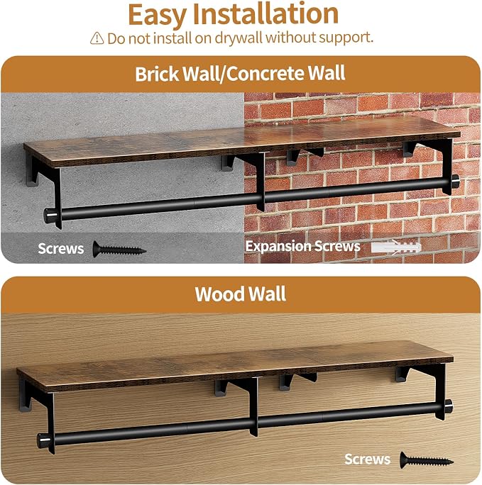 Luxspire 43.3" Wall Mount Clothes Rack with Wood Top Shelf Hanging Clothes | Black + brown, heavy duty rust-resistant metal, extra top shelf decor storage, easy install on wood brick walls