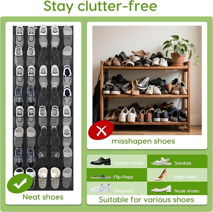 Over the Door Shoe Organizer with 40 Large Breathable Mesh Pockets, Space Saving Shoe Holder, Hanging Shoe Rack for Entryway Bedroom Closet Storage (Black, 80 Pockets)