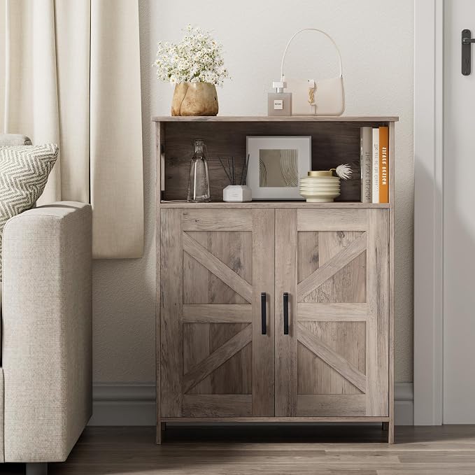 Homhedy Farmhouse Bathroom Storage Cabinet with Doors, Small Floor Cabinet | Toilet Paper Cabinet with Adjustable Shelf, Freestanding Storage Cabinet for Kitchen/Laundry/Living Room, 24"W, Greige