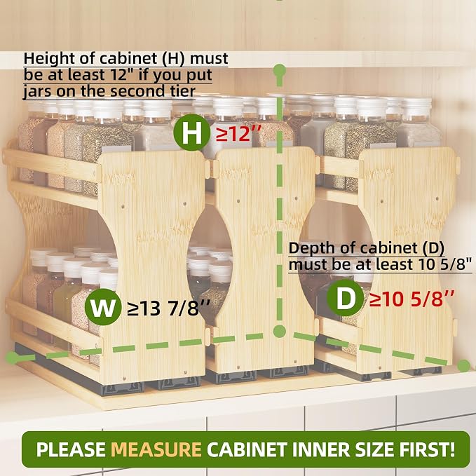 BAMEOS Pull Out Spice Rack Organizer for Cabinet, Bamboo Wide 13.9" Slide Out Seasoning Organizer for Kitchen, No Drill Anti-Tip Ball Bearing Silent Glides, Pantry Cabinet Organizer,Natural