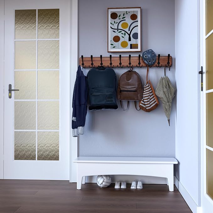 SKOLOO Rustic Coat Rack Wall Mount, 10 Hooks, 38.6'' Long, Solid Wood,Brown | Rustic finish, 100 lb capacity, entryway bedroom mudroom, wall mount, 16" stud spacing, hardware included, rustproof hooks