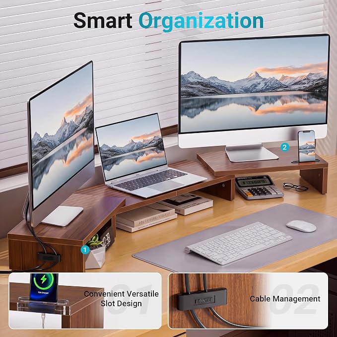 BONTEC Triple Monitor Stand Riser with Smartphone Holder, Walnut | Adjustable Length & Swivel Angle, Ergonomic Wooden Desktop Organizer for PC Monitor, Laptop, Printer, Large Storage, 53.3 in