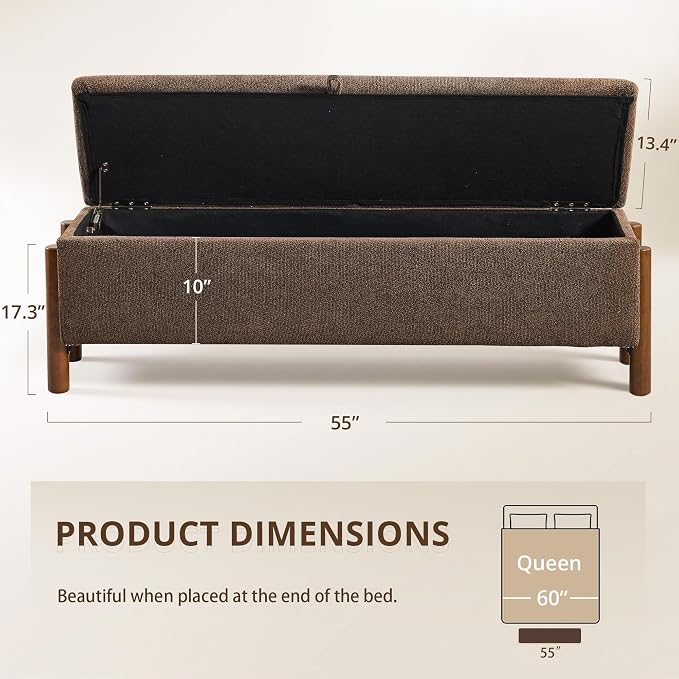 55'' Modern Storage Ottoman Benches | Walnut Wood Legs 26 Gallons Storage Space Fabric Upholstered Seating End of Bed for Bedroom Livingroom Brown