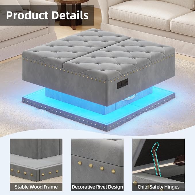 Large Square Ottoman with Storage, Square Storage Ottoman Coffee Table | Coffee Table Storage Ottoman Bench with Lift Top and Two Tier Drawers, LED Ottoman Bench with Charging Station, Gray