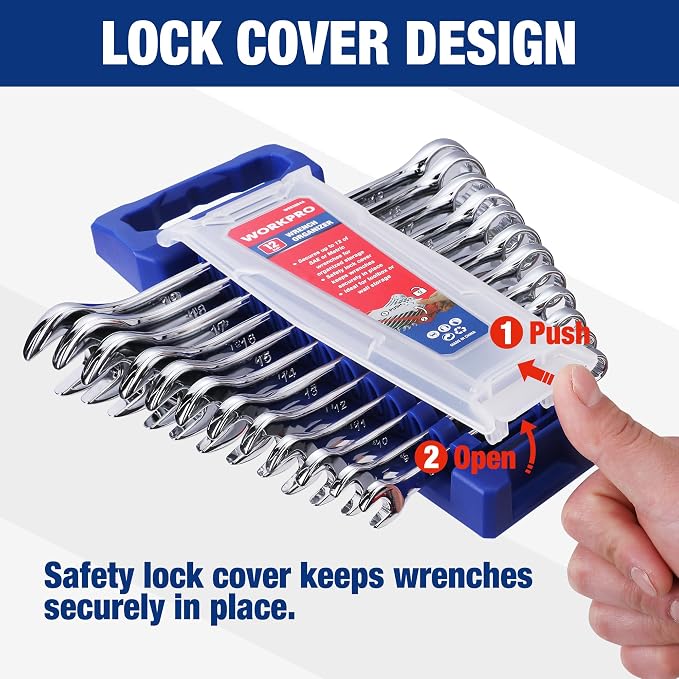 WORKPRO 2-Piece Wrench Organizer, 24-Slot Wrench Holder Set with Lock Cover | Plastic Wrench Storage Metric & SAE Compatibility (Up to 19mm or 7/8), Premium Quality Tool Trays with Carrying Handle