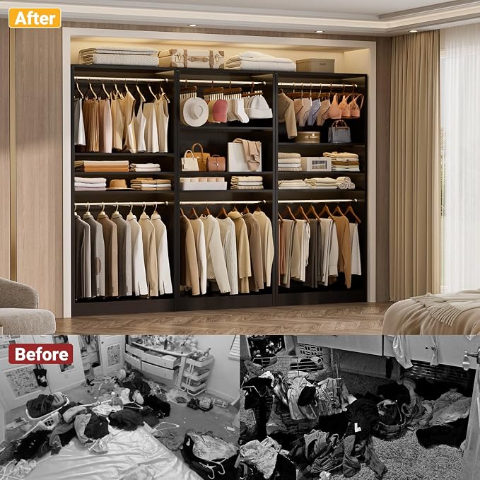 Unikito 3FT Freestanding Closet System with 2 Hanging Rods & Adjustable Shelve, 36'' Wood Closet Organizer System, Clothes Garment Rack, Sturdy Walk-in Closet Tower, Easy Assembly, Hold 800LBS, Black