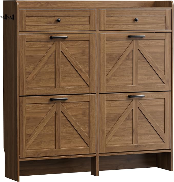 BORNOON Shoe Storage Cabinet for Entryway, Farmhouse Wide Shoe Cabinet with 4 Flip Drawers and 2 Top Drawers, Freestanding Organizer with Adjustable Shelves, Hooks, and Anti-Tip Kit for Hallway