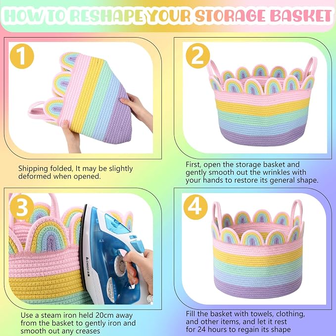 LemonRoad Pastel Rainbow Round Basket Large Blanket Basket 16" x 14" Scalloped Woven Baskets Cotton Storage Baskets for Nursery Classroom Closet Blankets Storage Home Decor