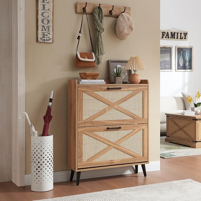 Barnyatoh Farmhouse Shoe Storage Cabinet with 2 Flip Drawers & Rattan Door | Freestanding Hidden Slim Narrow Shoe Rack, Adjustable Shelves,Wood Shoes Organizer for Entryway,Foyer,Hallway, Boho, Natural