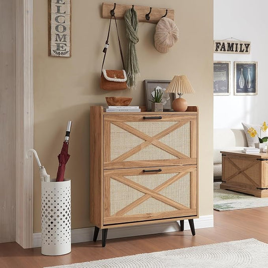 Barnyatoh Farmhouse Shoe Storage Cabinet with 2 Flip Drawers & Rattan Door | Freestanding Hidden Slim Narrow Shoe Rack, Adjustable Shelves,Wood Shoes Organizer for Entryway,Foyer,Hallway, Boho, Natural