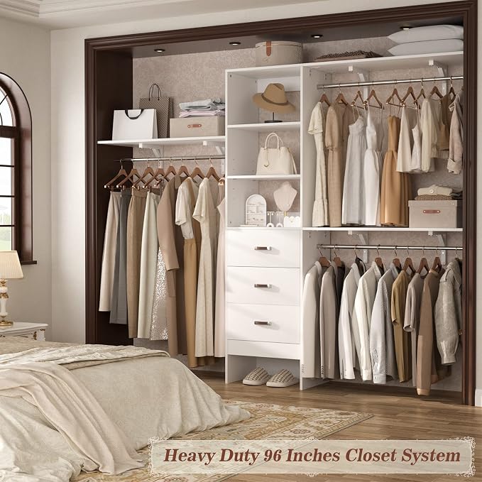 iSunirm 8FT Closet System, 96'' Closet Organizer System with 3 Hanging Rods, Wall Mount Bedroom Wardrobe with 3 Drawers Walk-in Closet, Adjustable Cloth Garment Rack from 5 to 8FT (Cut to Fit), White
