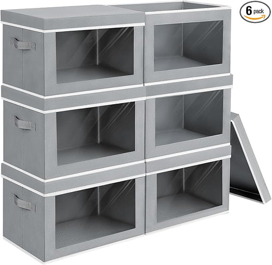 Homsorout Large Storage Bins with Lids - Fabric Storage Cubes with Window, Collapsible Bins for Clothes, 15.7 Inch Large Baskets for Bedroom, Dorm, Office, Grey, 6 Pack
