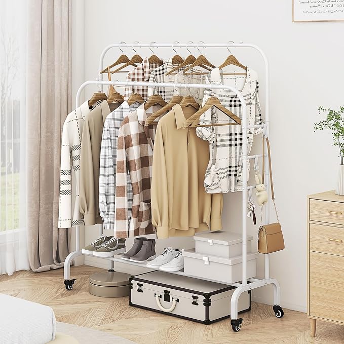 SUOERNUO Clothes Rack with Lockable Wheels Double Rods Metal Garment Racks | Portable Heavy-Duty Clothing Rack with Bottom, Rolling Clothes Shelves for Bedroom Laundry Living Room, White