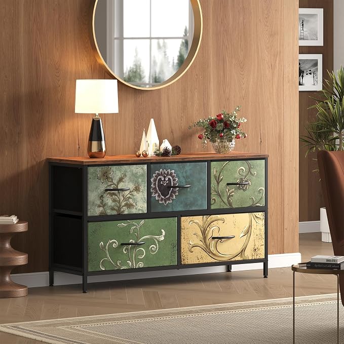 OLIXIS 5 Drawer Dresser for Bedroom, Storage Organizer Unit for Closet | Chest of Drawers for Clothes Storage with Bins, Wide Fabric Bedroom Dresser, Wooden Top, Living Room, Flower