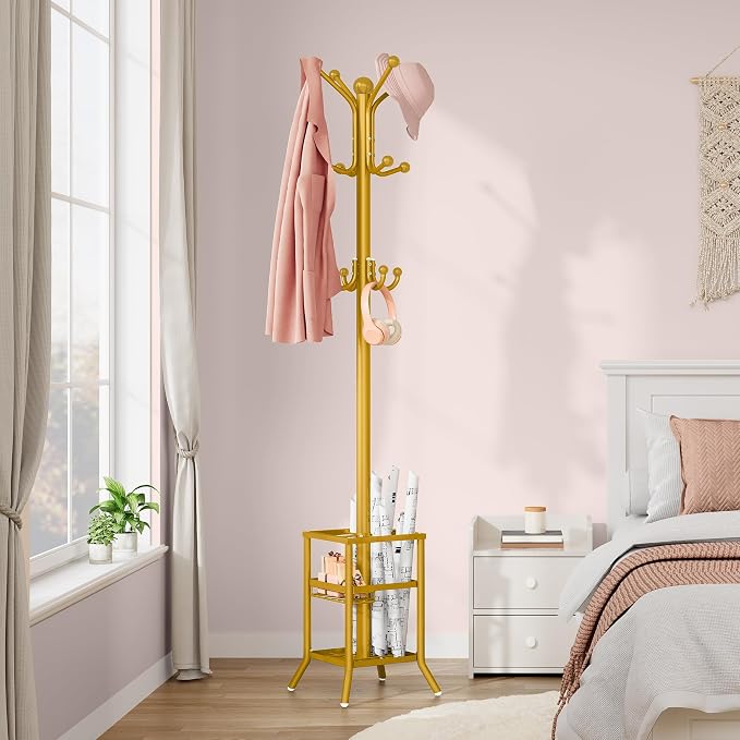 FAVOOSTY Coat Rack Freestanding,Coat Rack Stand with Umbrella Holder,Metal Coat Tree with 12 Hooks,Tree Clothes Hat for Entryway, Hallway, Bedroom, Living Room & Office -Glod