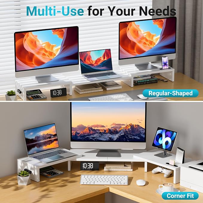 BONTEC Triple Monitor Stand Riser with Smartphone Holder, White | Adjustable Length & Swivel Angle, Ergonomic Wooden Desktop Organizer for PC Monitor, Laptop, Printer, Large Storage, 53.3 in