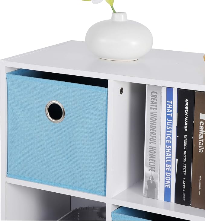 SUPER DEAL 6 Cube Storage Organizer 2 Tier Bookshelf with 3 Bins 3 x 2 Wood Open Shelf Cubby Bookshelves System Wide Toy Cabinet for Bedroom Living Room Kids, White/Light Blue 31.5 in Wide