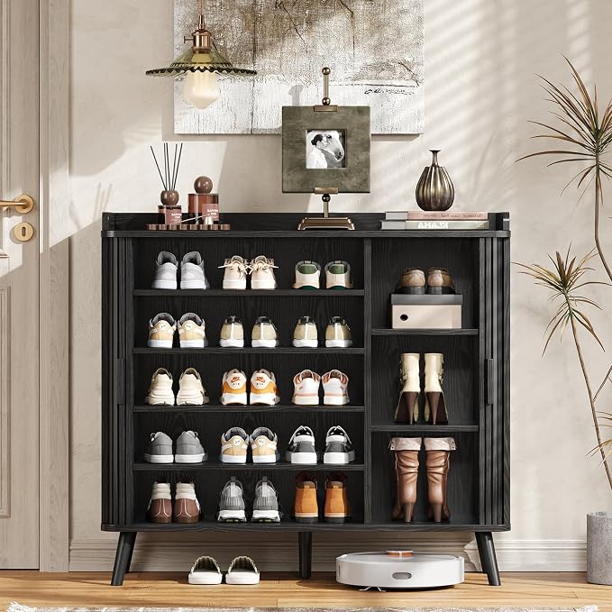 Shoe Cabinet with Sliding Door, 5-Tier Hidden Shoe Rack with Adjustable Shelves, Wooden Shoe Storage Organizer with Open Bottom Space, Freestanding Shoe Shelf for Entryway Hallway Apartment, (Black)