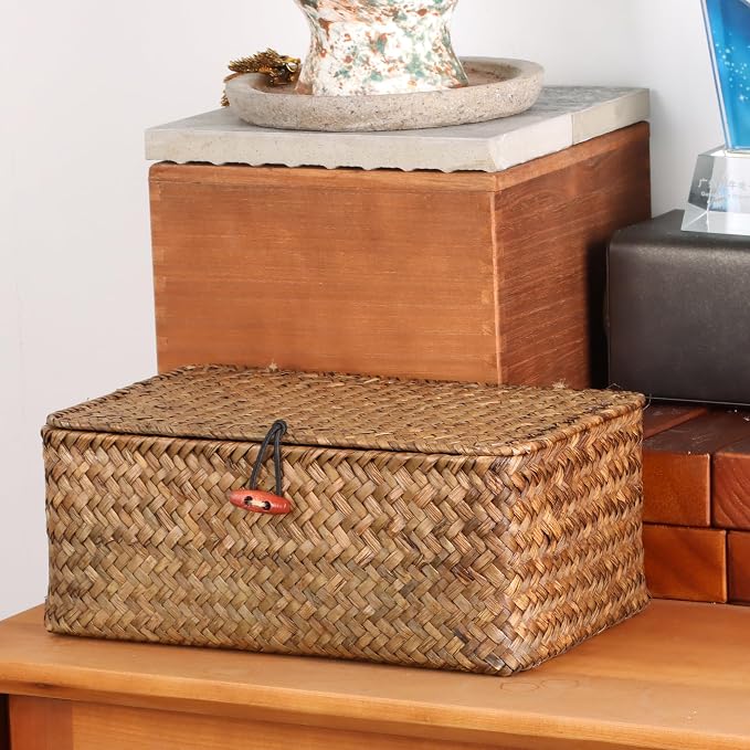 Moosky Wicker Shelf Baskets with Lid,Handwoven Seagrass Basket for Storage Basket Bins Rectangular Home Organizer Gift Boxes (Coffee Set of 2)