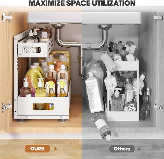 2 Pack 19IN-Depth Under Sink Organizer,Pull Out Cabinet Organizer With Smooth Cylindrical Rail,Metal Slide Out Drawer for Kitchen Bathroom Laundry,8-Level Tool Free Height Adjustable-White