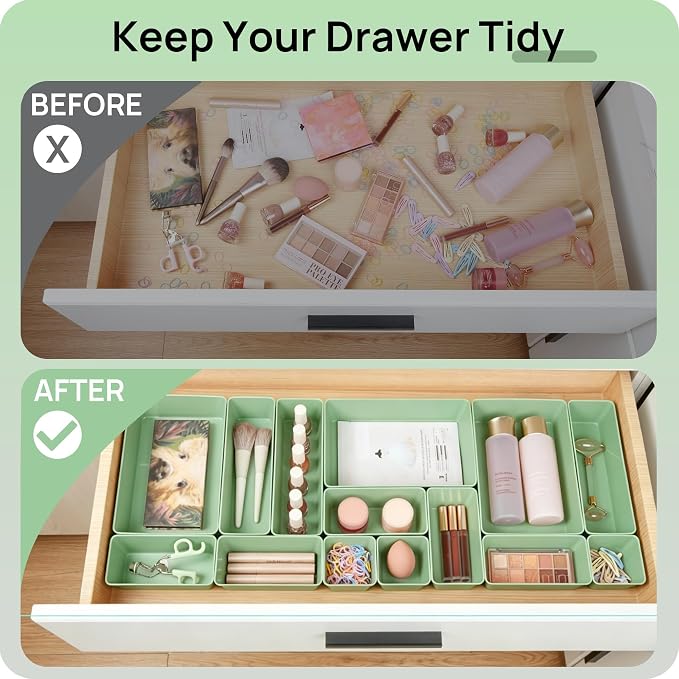 Vtopmart 25 Pack Plastic Drawer Organizers with Non-slip Rubber Pads | 4-Size Versatile Makeup Organizer, Storage Containers Small Bins for Makeup, Jewelries, Bedroom, Kitchen Utensils and Office