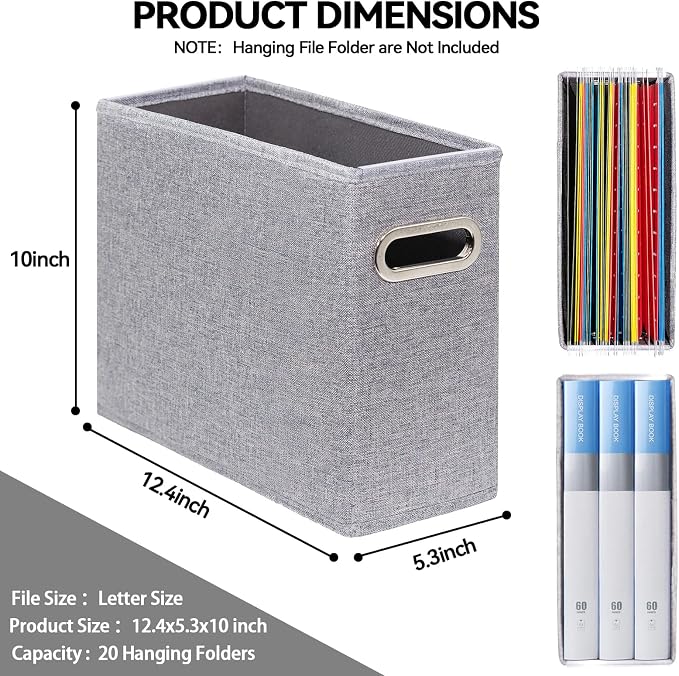 4 Pack Letter Size File Storage Box Collapsible, Fabric Hanging File Folders Organizer, Portable Office Document Holder with Metal Handle, Smooth PVC Rails, Gray