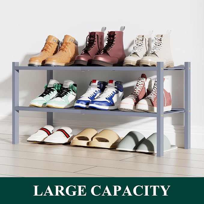 Smiry Bamboo Shoe Rack, 12 Vertical Slats, 2 Tier - 26.8" Wide, Grey | Stackable Free Standing Wooden Shoe Organizer, Wood Shoe Storage Shelf for Closet, Entryway