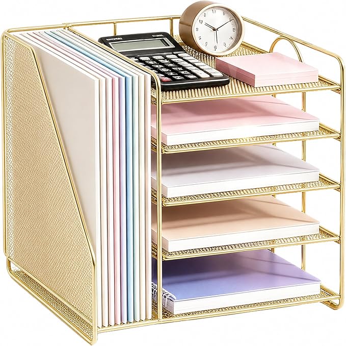 OPNICE 5-Tier Desktop File Paper Organizer, Desk Organizers and Accessories, Office Desk Accessories & Workspace Organizers for Home Office Supplies, Gold