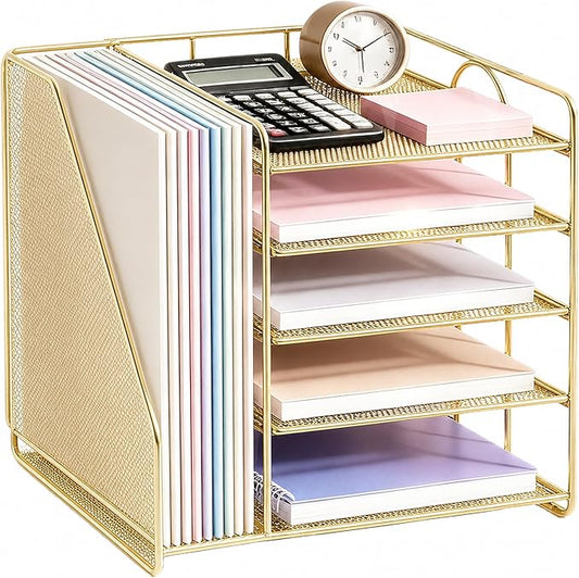 OPNICE 5-Tier Desktop File Paper Organizer, Desk Organizers and Accessories, Office Desk Accessories & Workspace Organizers for Home Office Supplies, Gold