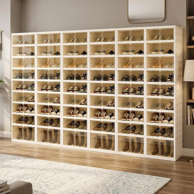 Foldable Shoe Organizer Storage Box Set of 6, Portable Extra Large Folding Shoe Rack for Closet, Shoe Storage Box with Magnetic Transparent Door and Wheels, 9 Layers 18 Grids with 2 Big Grids