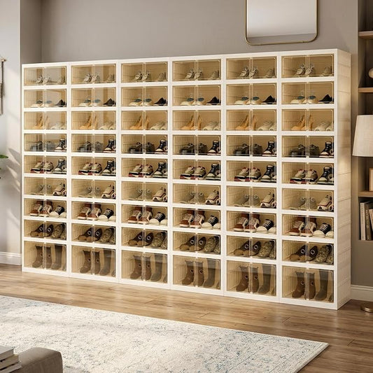 Foldable Shoe Organizer Storage Box Set of 6, Portable Extra Large Folding Shoe Rack for Closet, Shoe Storage Box with Magnetic Transparent Door and Wheels, 9 Layers 18 Grids with 2 Big Grids