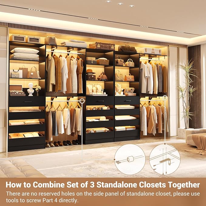 Aheaplus Closet System Set of 3, 138.5" Wood Closet Organizer System Tower with 12 Drawers & 4 Hanging Rods, 6.7+4.85Ft L Shaped Walk-in Closets Wardrobe Organizer Garment Rack with Shelf, Black3
