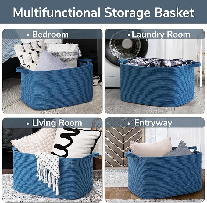 Goodpick Large Cotton Rope Blanket Basket, Rectangle Organizer, Dark Blue | 21.6 x 14.9 x 11.8 in, Reinforced Handles, Living Room, Bedroom & Nursery Organization, Blankets, Towels & Toys Storage
