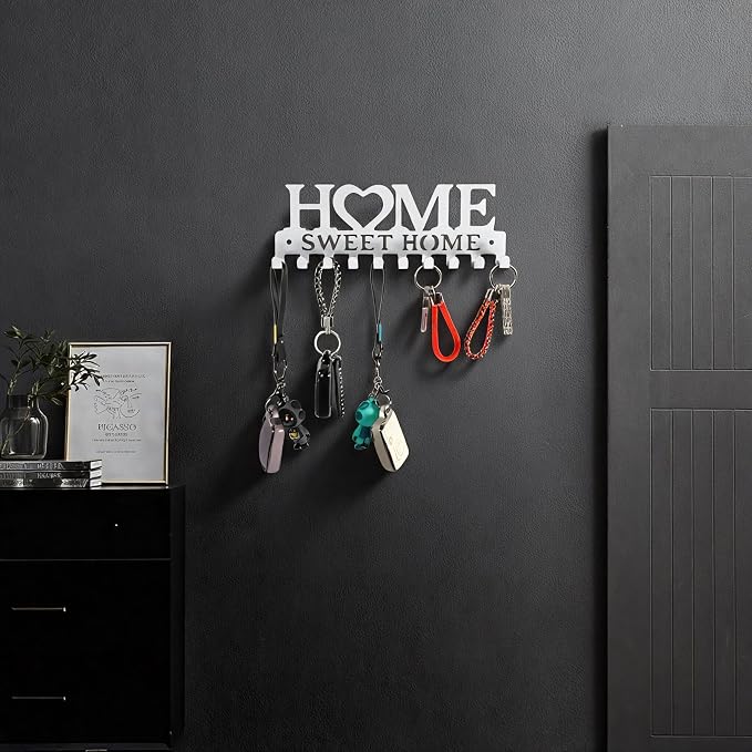 Key Holder Wall Mounted with Screws and Anchors, White Multifunctional Key Hanger with 10 Hooks, Entryway Front Door Kitchen Hallway Garage Office