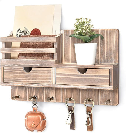 Rebee Vision Key Holder Wall Mount with 6 Hooks for Entryway, Natural Wood | Farmhouse Key and Mail Holder for Wall, Mail Organizer, 2 Drawer Organizer, Key Hanger, Home Essentials, Decorative Storage