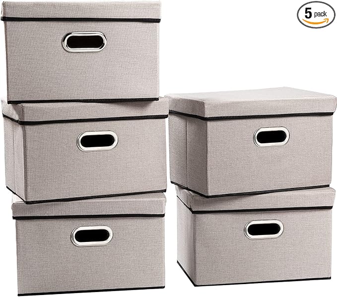 PRANDOM Foldable Storage Bin with Lid [5-Pack] Linen Fabric Decorative Storage Box Organizer Container Basket Cube with Handles Divider for Closet Office Living Room Light Grey(14.9x9.8x9.8)