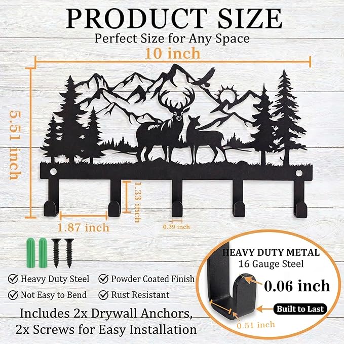 Deer Mountain Metal Key Holder Wall Mount Key Holder for Wall Rustic Cabin Decor Key Rack Hooks Hanger Woodland Wildlife Wall Art Entryway Organizer Housewarming Hunting Gifts