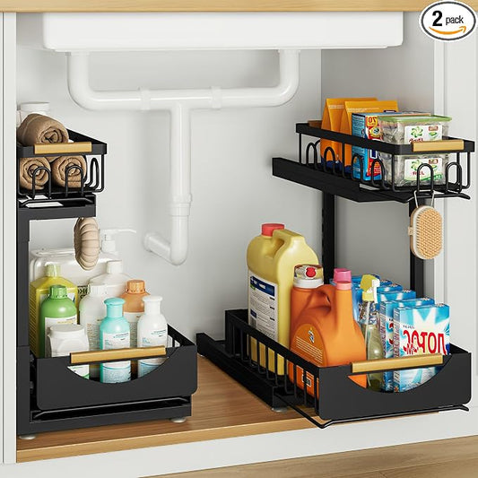 Under Sink Organizer and Storage 2 Tier Cabinet Pull Out Shelf Organizers | 2 Pack 2 Tier under sink storage for Bathroom and Kitchen Slide Out Drawer Organization for Home Cabinets Shelves and Drawers