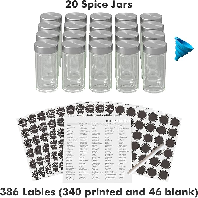Revolving Spice Rack Set with 20 Spice Jars, Kitchen Spice Tower Organizer for Countertop or Cabinet -- Carousel Storage Includes 386 Spice Labels -- Desktop Rotating Seasoning Organizer
