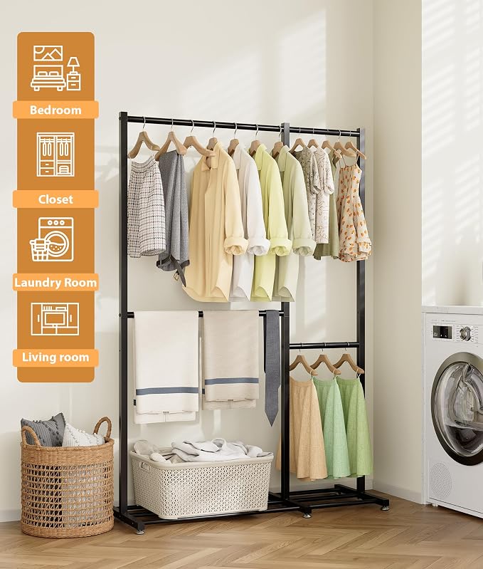 Clothes Rack, Clothing Racks for Hanging Clothes with 4 Hanging Sections, Double Rod Garment Rack with Storage Shelves for Bedroom Living Room 47.2" x 17.7" x 69.9", Black