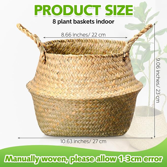 Qunclay 8 Pcs Woven Seagrass Baskets Belly Basket Folding Boho Natural Plant Pot with Handles Round Decorative Wicker Large Indoor Planter for Home Outdoor Tree Planters Decor (9 x 11 Inch)