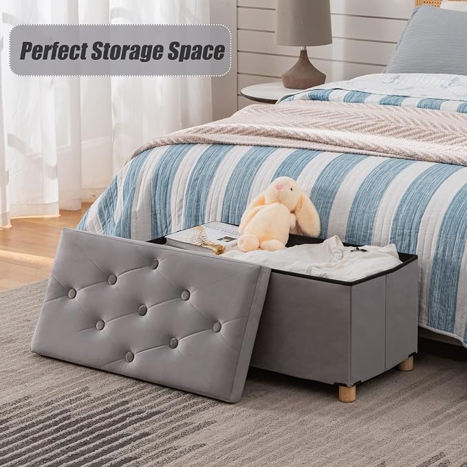BRIAN & DANY 30 Inches Folding Storage Ottoman Bench, Ottoman with Storage for Living Room, with Wooden Feet and Lid, Grey