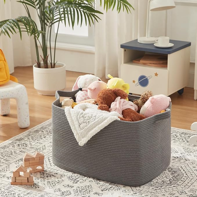 OIASKET 118L Extra Large Blanket Basket, 24.8" x 17.7" x 17.2" Woven Storage Basket for Living Room, Rectangle Nursery Blanket Storage for Toys, Towels, Dirty Clothes (Grey)