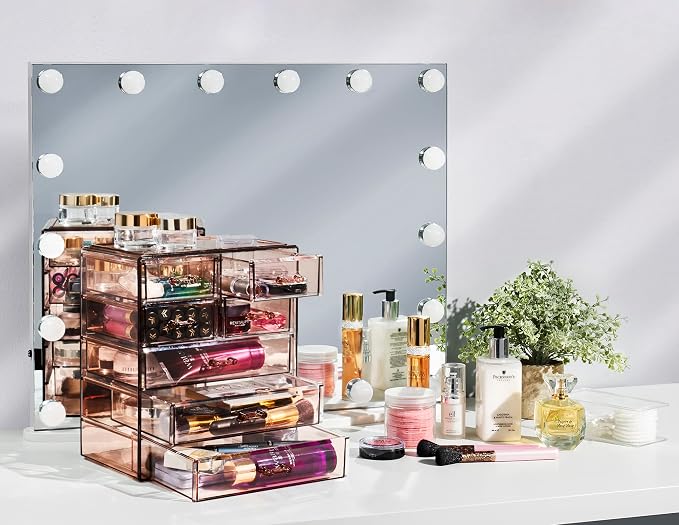 Sorbus Acrylic Makeup Organizer Set, 7-Drawer Vanity & Countertop Cosmetic Storage with Small & Wide Drawers, Bronze Glow Makeup Storage for Brushes, Lipsticks, Jewelry, Holiday Gift for Women & Teens